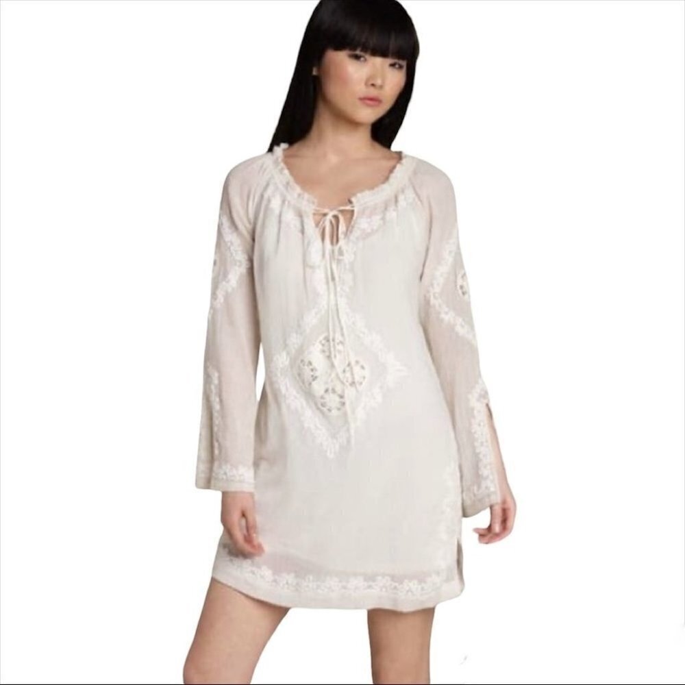 Joie Boho Cream Off White Shift Dress Embroidered Size Medium